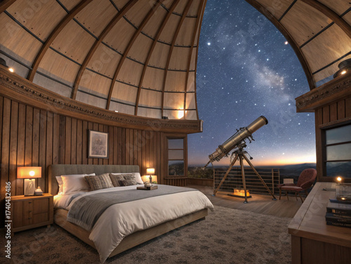 Luxurious bedroom inside a historic observatory dome under the stars. Unique accommodation, surreal travel, astronomical tourism, and exclusive experience concept