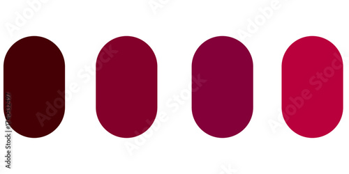 Set of makeup tint color swatches in oval shapes, featuring red, burgundy, and magenta shades. Flat beauty color palette inspired by lipstick and lip tint tones. Perfect for cosmetics branding, fashio