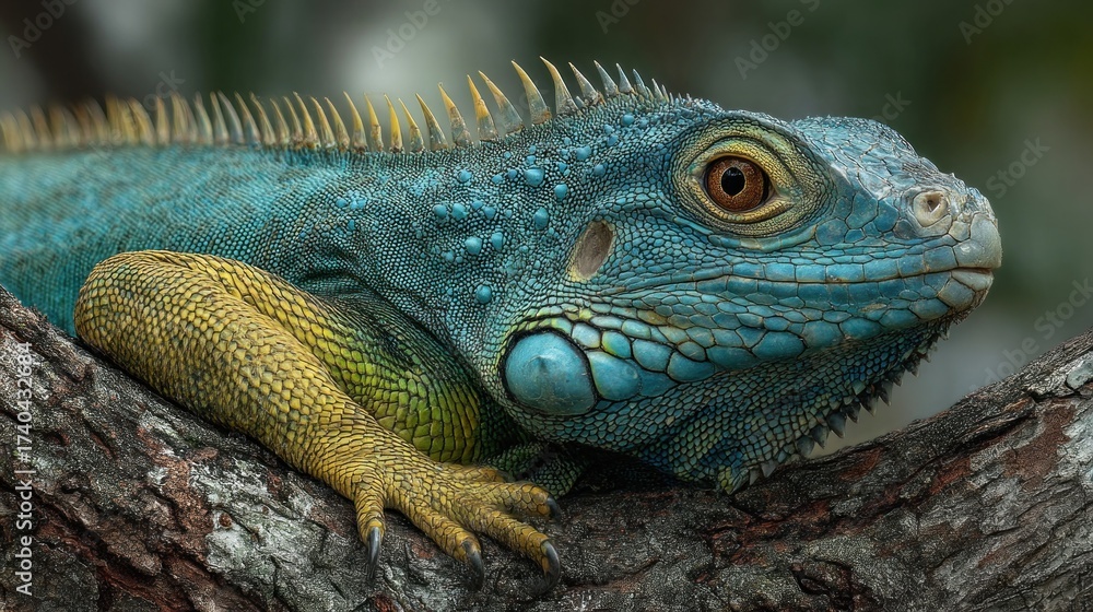 Fototapeta premium Exotic Blue Iguana basking peacefully on a weathered tree branch, nature's beauty
