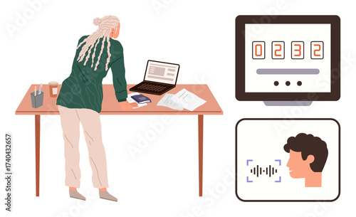 Woman leaning over desk with laptop, documents, and coffee cup. Digital counter and speech recognition interface on side. Ideal for technology, productivity, analytics, office work, innovation