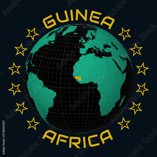 Guinea on Globe. Round country and continent name text. Country view on world map in Black Emerald color palette. Guinea shape on map. Alive vector illustration.