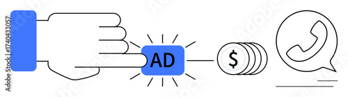 Hand clicking ad button with dollar symbols appearing and chat app icon symbolizing revenue generation and communication. Ideal for advertising, marketing, revenue, online businesses, lead