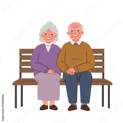 Happy elderly couple sitting together on a wooden bench illustration.