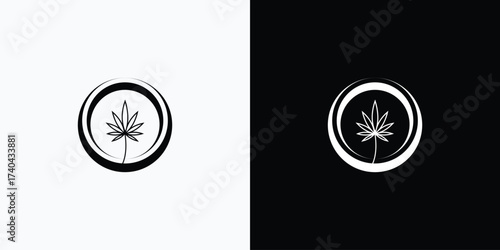 Cannabis leaf logo in a circular frame, minimalist design concept
