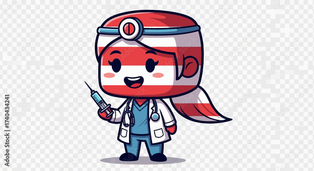 Fototapeta premium Cartoon Doctor with Austria Flag Pattern Holding Syringe.