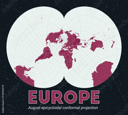Europe. World map. August epicycloidal conformal projection centered to Europe. Pale Mint Dark Pink palette. Vintage texture. Awesome vector illustration.