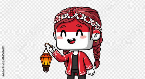 Charming Indonesian Girl with National Flag Face and Traditional Lantern.