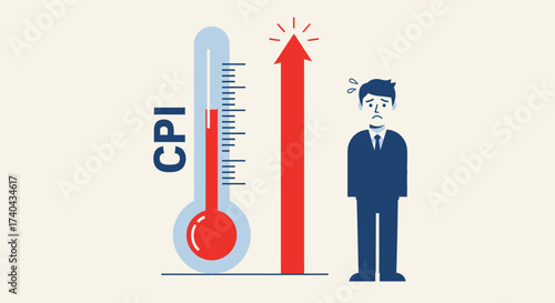CPI Thermometer and Worried Man Illustrating Inflation.
