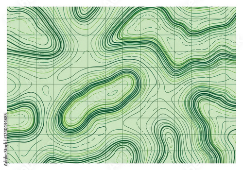 Detailed green topographic map contour lines representing elevation changes isolated on transparent background