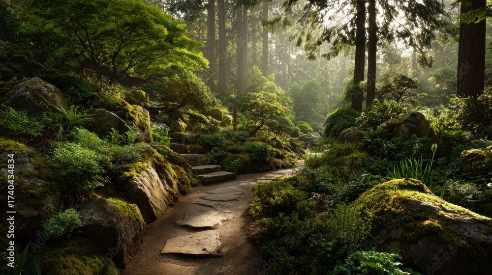 Naklejka premium Stone pathway winding through lush forest landscape