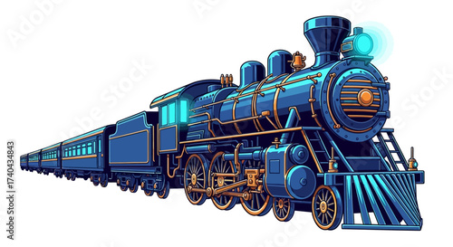 Detailed Blue Steam Train Illustration with Intricate Design and Glowing Lights.
