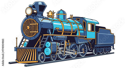 Detailed Illustration of a Blue and Gold Steam Train Engine 1.