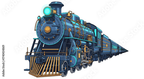 Detailed Illustration of a Blue and Gold Steam Train Engine.
