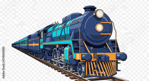 Detailed Illustration of a Blue and Gold Steam Train on Tracks.