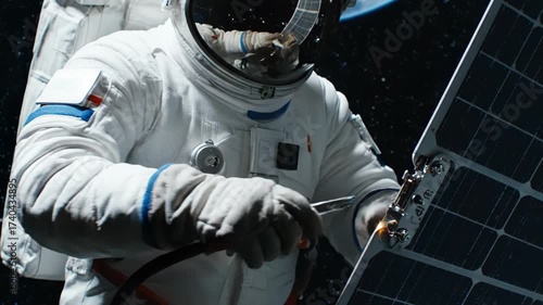 Astronaut performing maintenance on a solar panel in the vastness of space, with Earth visible in the background.