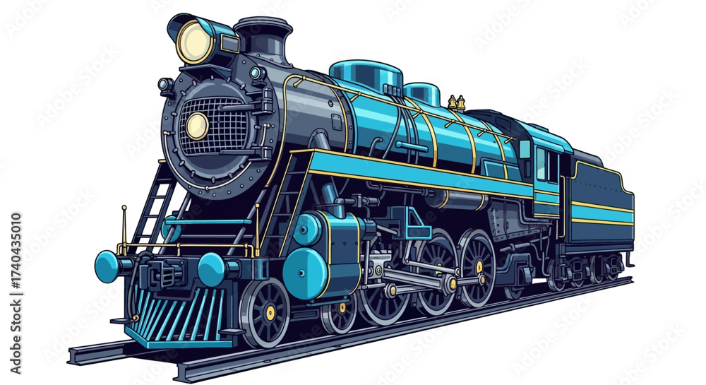 Obraz premium Detailed Illustration of a Classic Blue and Black Steam Locomotive.