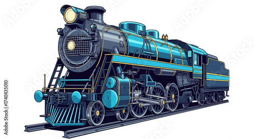 Detailed Illustration of a Classic Blue and Black Steam Locomotive.