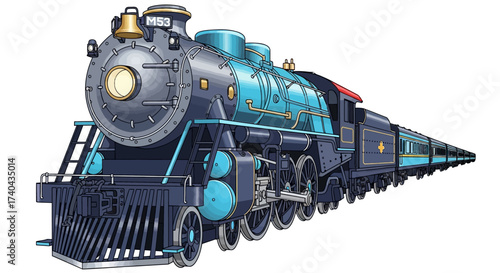 Detailed Illustration of a Classic Blue and Black Steam Train.