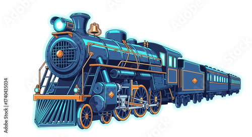 Detailed Illustration of a Blue Steam Train with Passenger Cars.