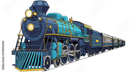 Detailed Illustration of a Classic Blue and Gold Steam Train 1.