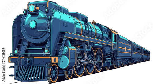 Detailed Illustration of a Classic Blue Steam Train Engine 1.
