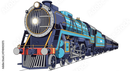 Detailed Illustration of a Classic Blue Steam Train Engine 3.