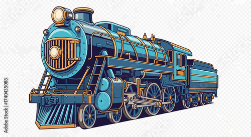 Detailed Illustration of a Classic Blue Steam Train Engine.