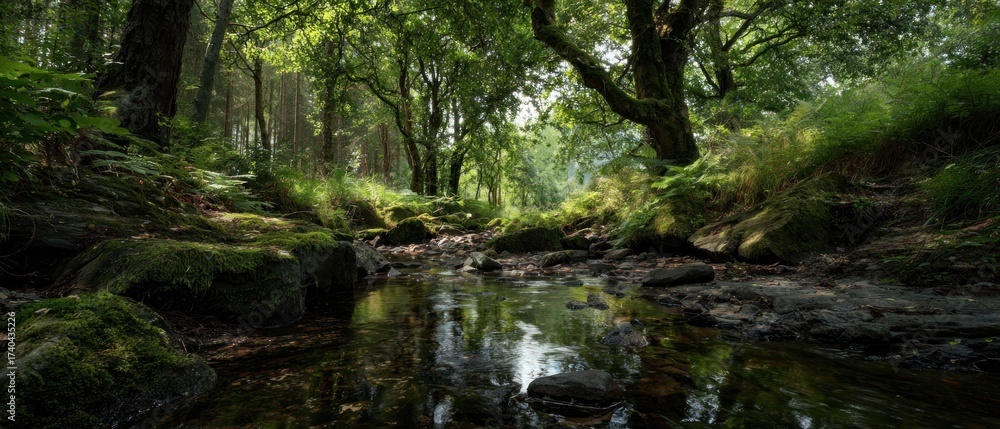 Fototapeta premium Forest landscape with stream rocks and trees