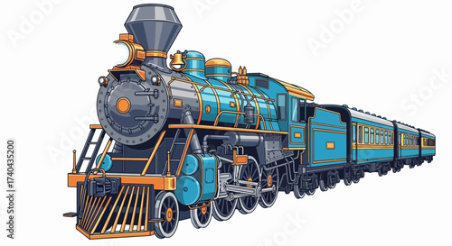 Detailed Illustration of a Vintage Blue and Gold Steam Train.