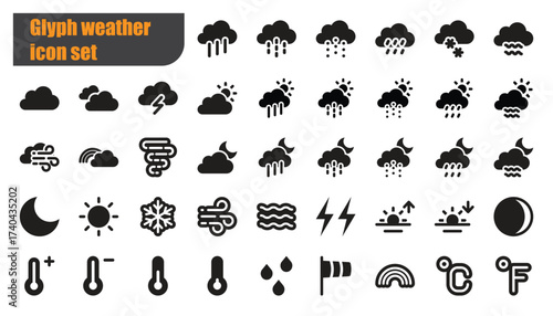 Bold glyph-style weather icons, 42 total. Solid, high-contrast symbols for compact use in apps, dashboards, and navigation. Crisp and legible at any size.