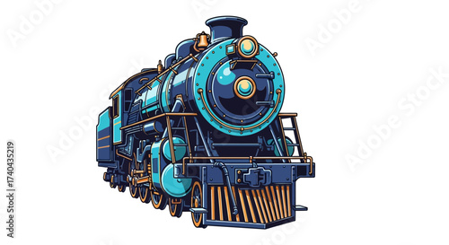 Detailed Illustration of a Vintage Blue Steam Train Engine.
