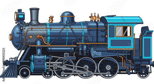 Detailed Illustration of a Vintage Blue Steam Train Engine 1.