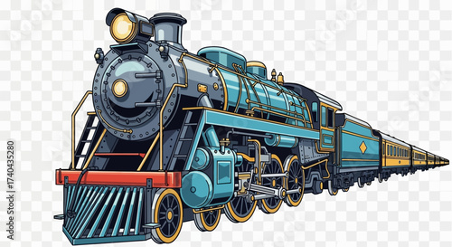 Detailed Illustration of a Vintage Steam Train with Passenger Cars.