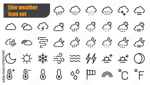Minimalist set of 42 weather icons in clean line style. Ideal for UI/UX, presentations, and responsive design. Scalable and easy to customize.