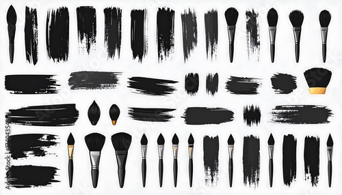 Black Ink Brush Strokes and Makeup Brushes Collection.