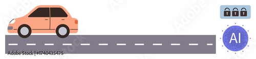 Orange car moving on a road, AI symbol and lock icons emphasizing automation and security. Ideal for self-driving technology, cybersecurity, innovation, transportation, AI integration, future