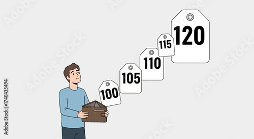 Man carrying box with increasing price tags representing inflation.