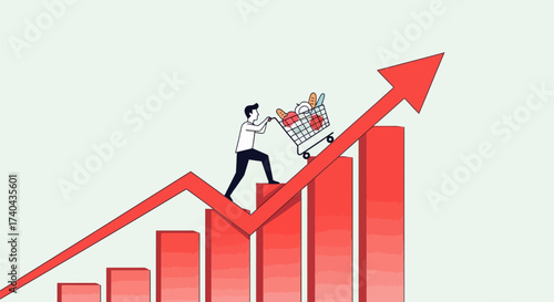 Man Pushing Shopping Cart Up Sales Chart Illustrating Business Growth.