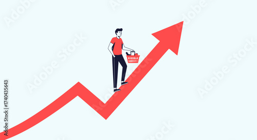 Man Riding Upward Arrow with Shopping Basket.