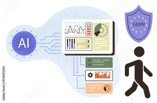 AI-powered data analytics dashboard, GDPR compliance shield, walking figure, data security concepts. Ideal for technology, ethics, data protection, innovation, compliance privacy AI solutions