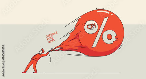 Man Tries to Control Inflation Balloon with CPI Percentage Symbol.