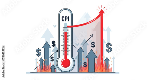 Rising CPI Inflation Thermometer with Upward Arrows and Dollar Signs.