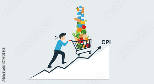 Rising CPI Man Pushing Shopping Cart Full of Groceries Upward.