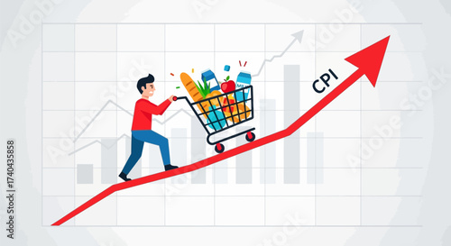 Rising CPI Man Pushing Shopping Cart on Upward Trend.