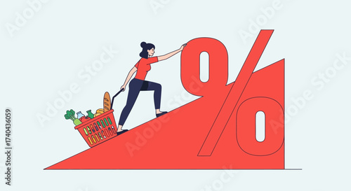 Woman Struggles with Inflation Pushing Shopping Cart Up Percentage Sign.