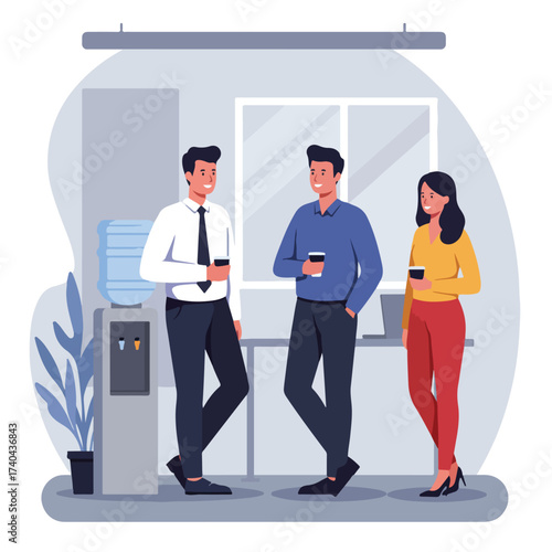 Three office colleagues enjoying a coffee break and conversation.