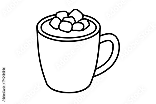 line art Hot chocolate mug with marshmallows, cozy winter drink illustration