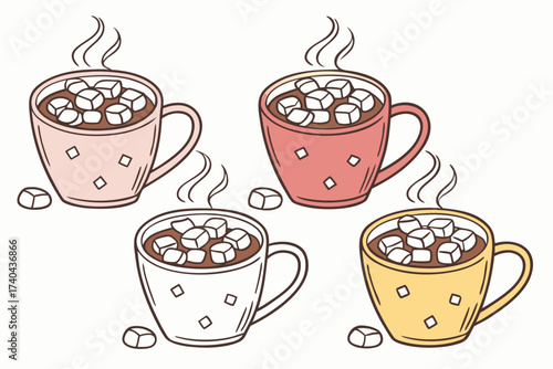 set of Hot chocolate mug with marshmallows, cozy winter drink illustration isolated on white background