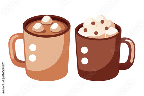 Hot chocolate mug with marshmallows, cozy winter drink illustration isolated on white background