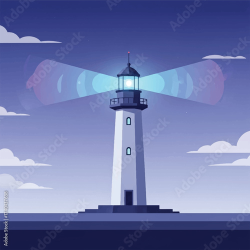 A tall, white lighthouse stands on a rocky base, emitting a bright, sweeping beam of light into the twilight sky.